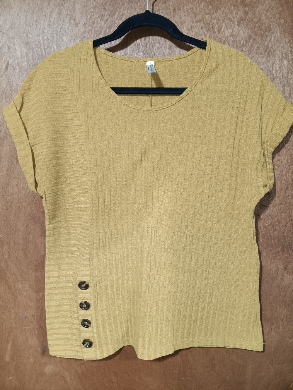 PerSeption Concept Mustard Ribbed Short Sleeve Tee with Side Button Accents